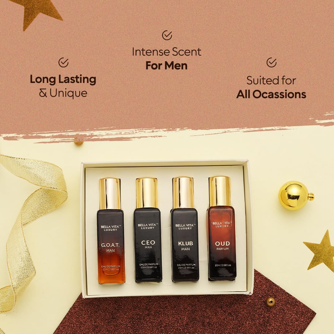 Coffret Cadeau de Parfums de Luxe pour Homme Bellavita avec CEO Man, G.O.A.T., Klub et Oud | 80 ml | Parfum pour Homme | Notes de Lavande, Patchouli, Citron et Caramel | Parfum Homme Longue Durée