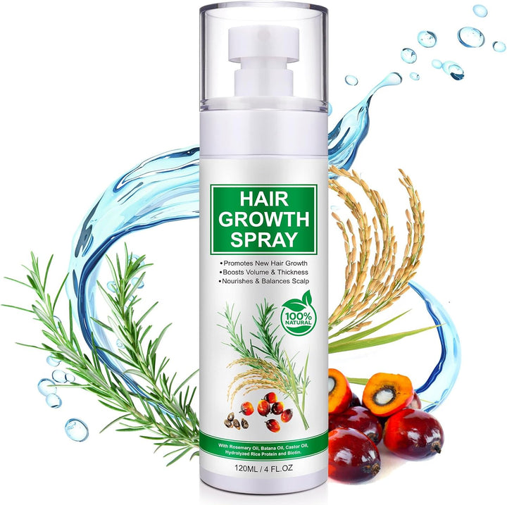 Hair Growth Serum Spray 120ml with Biotin, Rosemary & Castor Oil - Natural Hair Loss Treatment & Thickening Scalp Care with Batana Oil, Caffeine & Ginseng - For Women & Men, All Hair Types Halalzen