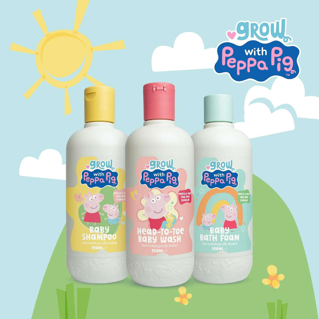 Peppa Pig Bathtime Fun Bundle - 350mlx3 - Coconut & Grape Baby Wash, Peach & Oat Milk Kids Shampoo and Peach & Oat Milk Bubble Bath & Baby Wash - Hypoallergenic & Dermatologically Approved