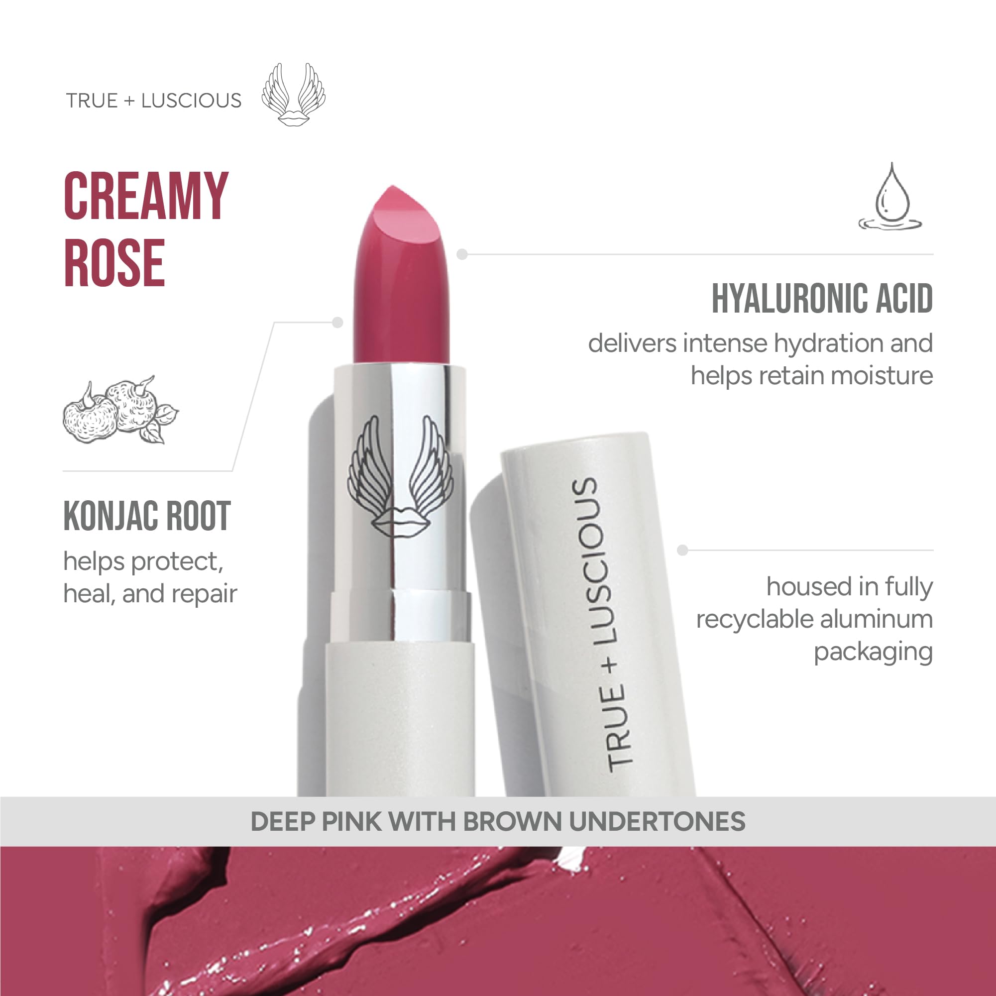 True + Luscious Super Moisture Lipstick | Sheer Cream Lip Color for Lasting Hydration | Hyaluronic Acid Konjac Root Powder | Vegan Cruelty-Free Gluten-Free Flatters All Skin Tones | Pink Sugar