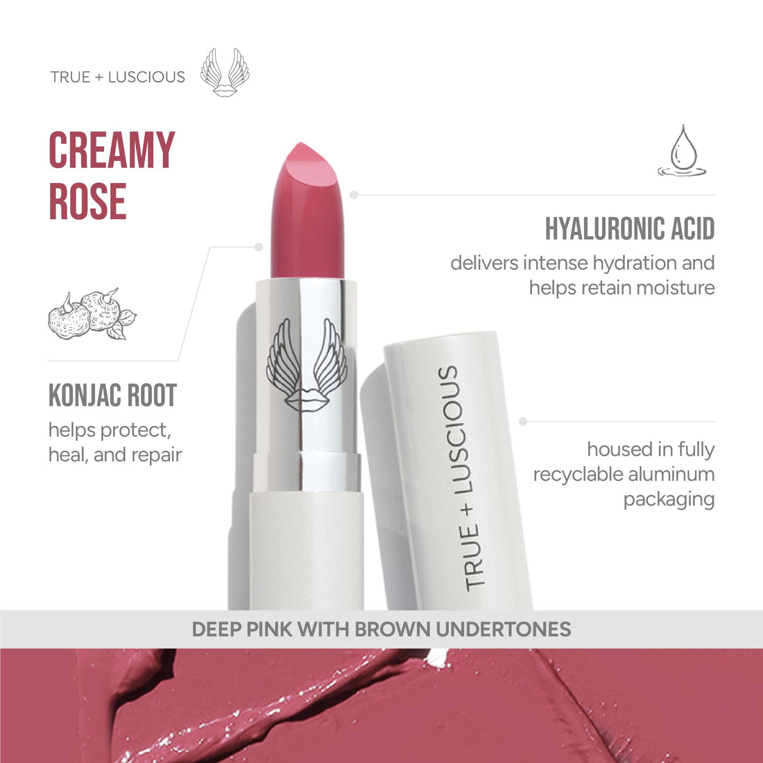 True + Luscious Super Moisture Lipstick | Sheer Cream Lip Color for Lasting Hydration | Hyaluronic Acid Konjac Root Powder | Vegan Cruelty-Free Gluten-Free Flatters All Skin Tones | Pink Sugar