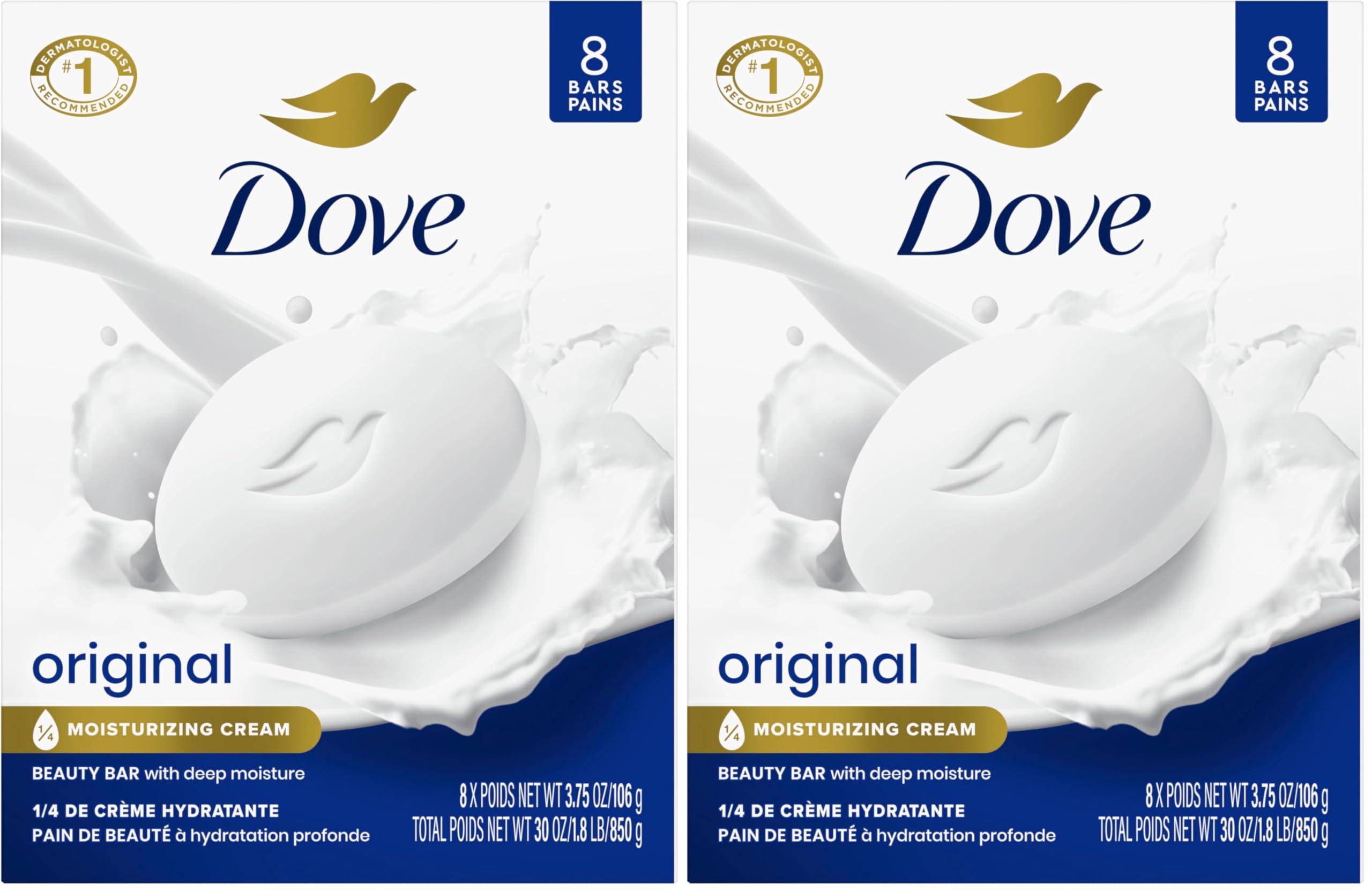 Dove Beauty Bar Soap Original 8 Count for Soft, Smooth Skin, with 1/4 Moisturizing Cream 3.75 oz