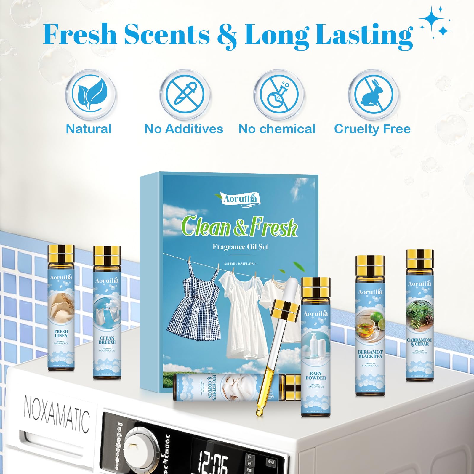 Clean Essential Oils Set 6 x 10ml, Laundry Fragrance Oils for Diffusers, Soap Making - Eucalyptus & Cotton, Bergamot Black Tea, Cardamom & Cedar, Baby Powder, Clean Breeze, Fresh Linen