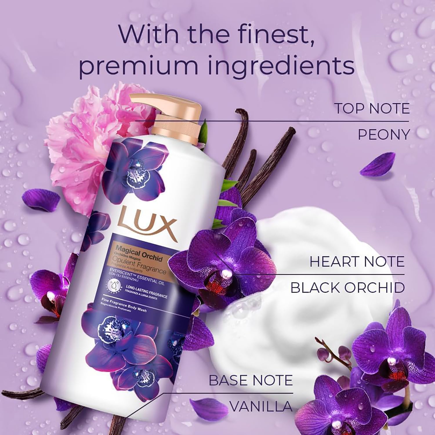 LUX Charming Peony Body Wash with Orange Oil - Men's & Women's Aromatic, Long-Lasting Fine Fragrance Shower Gel, Nourishing Body Cleanser, Aromatic Fragrance Bath Soap - Pack of 1, 1L