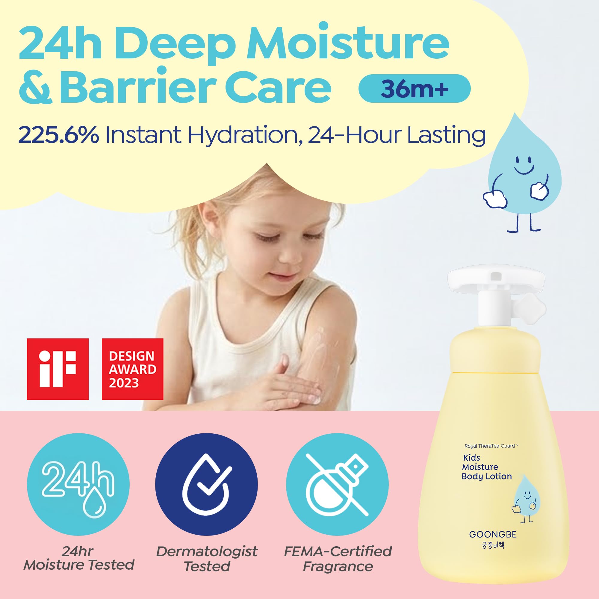 GOONGBE Kids Moisture Body Lotion – 24hr Hydrating Daily Moisturizer for Dry Sensitive Skin – Triple Lipid Complex (Ceramide, Squalane, Cica) – Fast-Absorb Non-Sticky, Allergen-Free 8.45oz