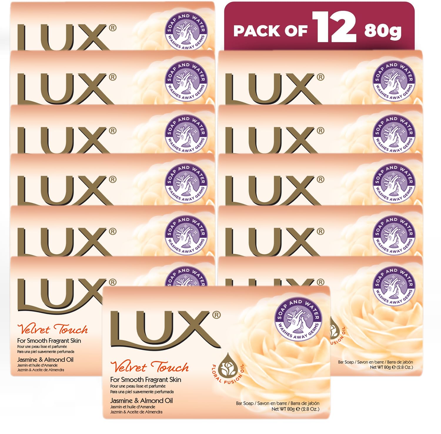 LUX Velvet Touch Soap Bar, Jasmine & Almond Oil, For Smooth Fragrant Skin, 80g (12 Pack) Halalzen