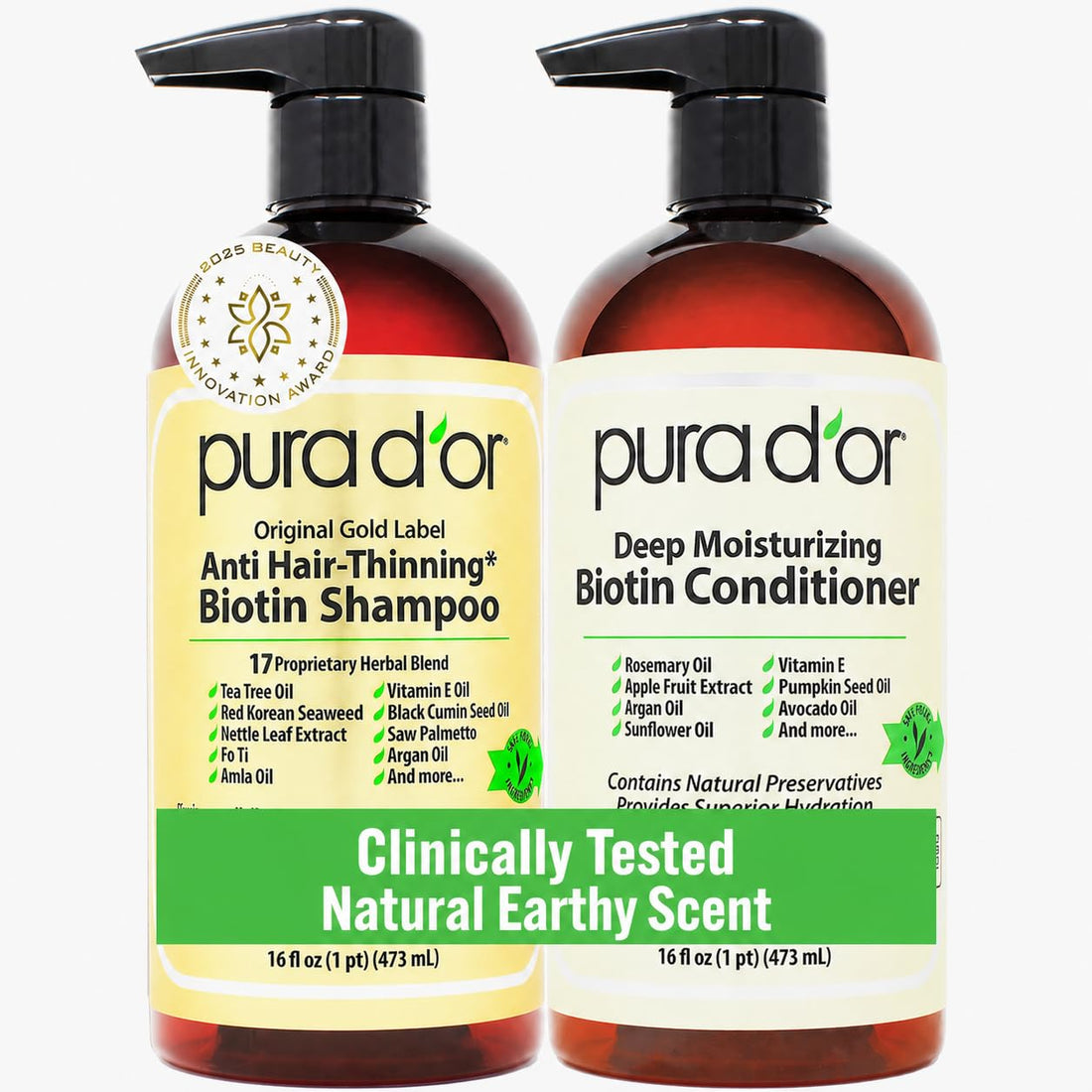 PURA D'OR Anti-Thinning Biotin Shampoo and Conditioner Natural Earthy Scent, CLINICALLY TESTED Effective Results, Herbal Blend Thickening Products For Women & Men, Original Gold Label Set, 16oz x2 | Deep Moisturizing, Conditioner, CLINICALLY TESTED, Effec Halalzen