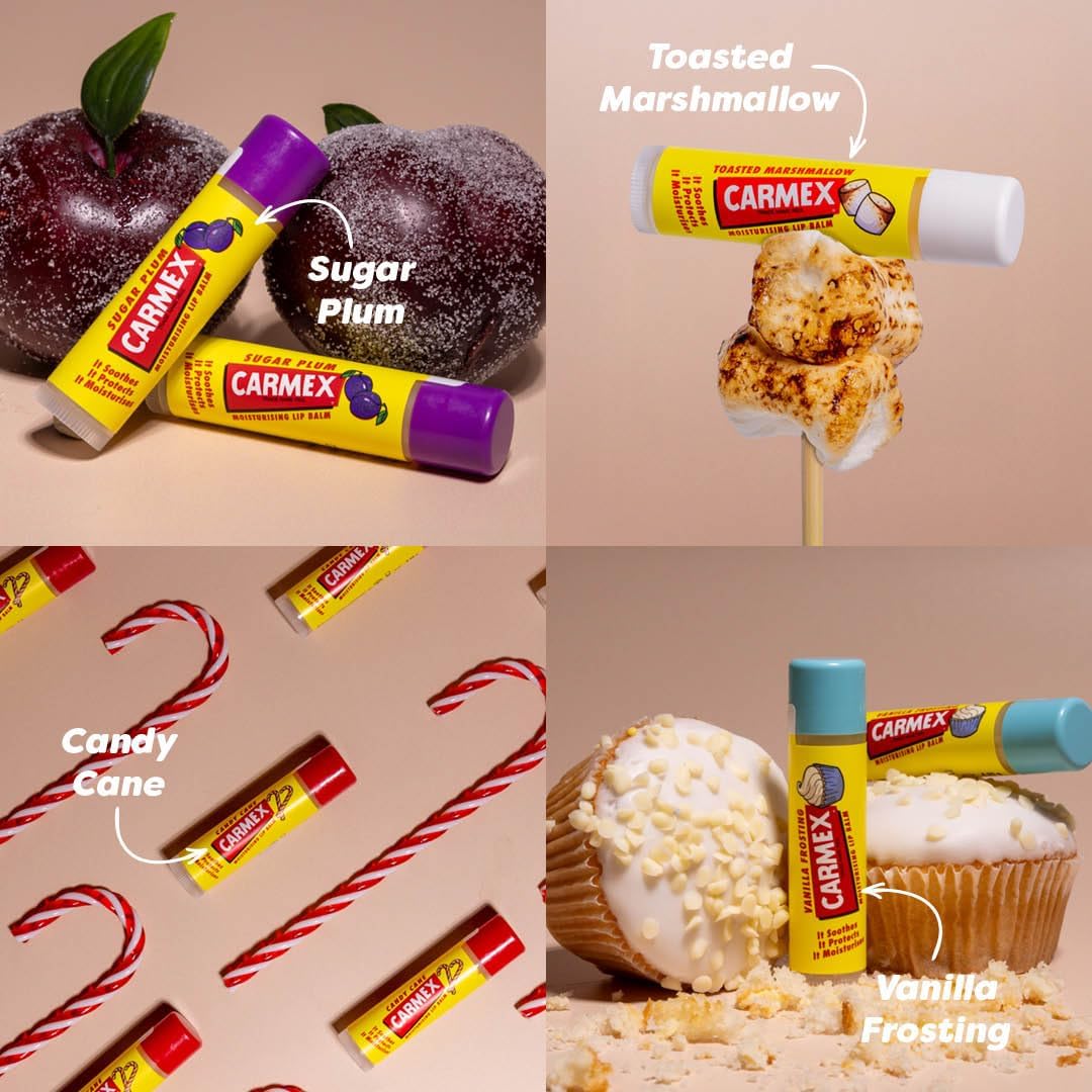 Carmex Lip Balm Set – Pack of 4 | Marshmallow, Vanilla, Candy Cane & Sugar Plum | 24H Hydration | Visibly Softer Lips After 1 Use | Travel-Friendly| Clinically Proven to Reduce Dryness & Fine Lines Halalzen