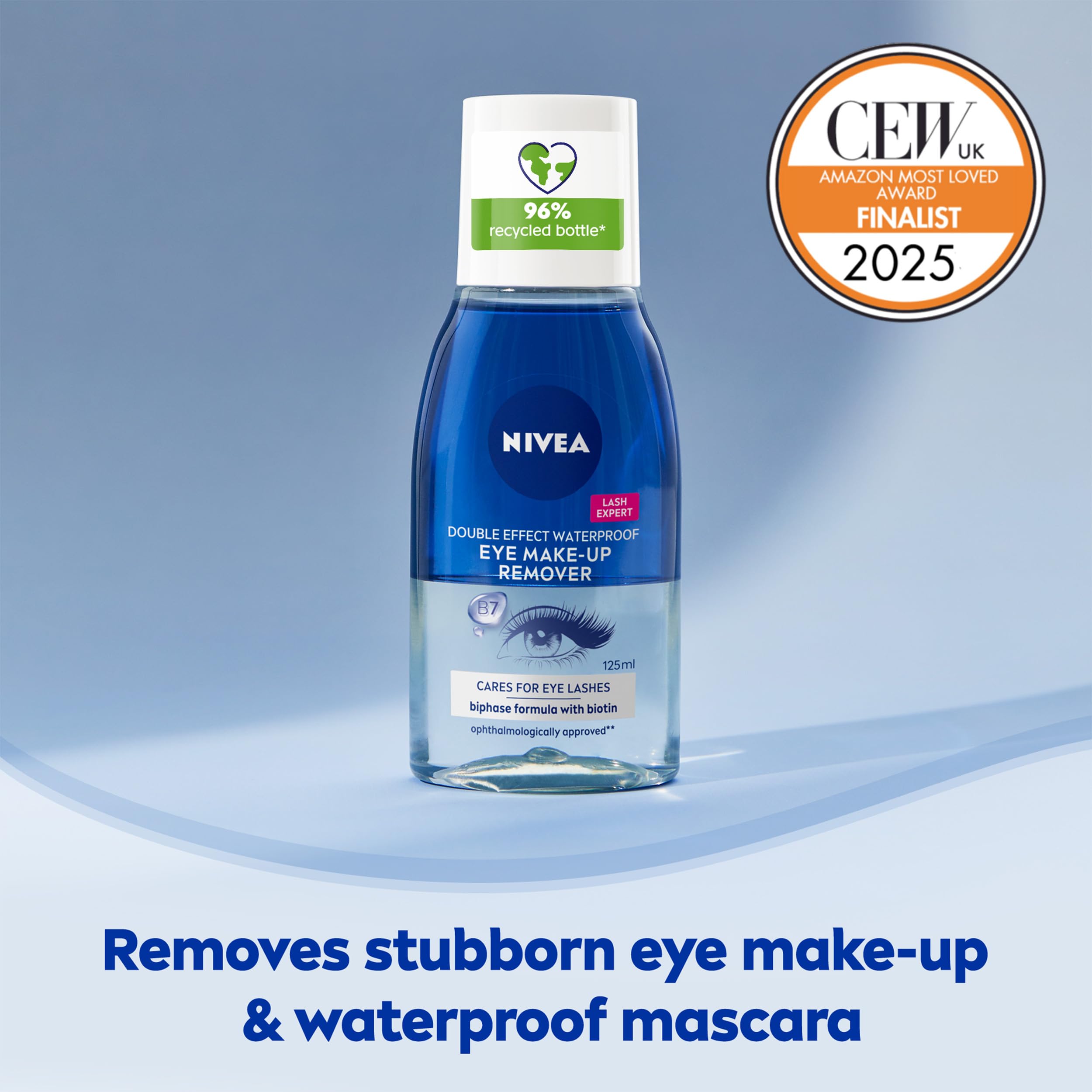NIVEA Double Effect Waterproof Eye Make-Up Remover (125ml), Daily Use Face Cleanser for Make-Up and Mascara with Cornflower Extract and Biotin Halalzen
