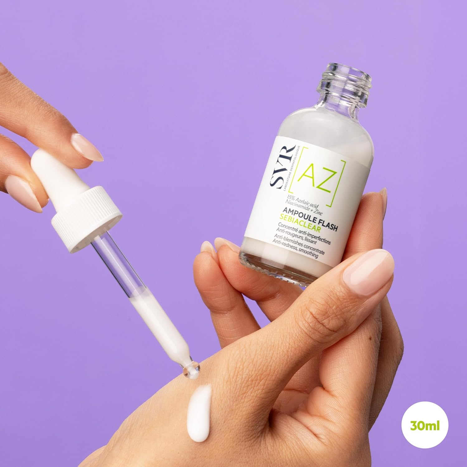 SVR SEBIACLEAR Ampoule [AZ] Flash 15% Azelaic Acid Serum, Retexturises Acne-prone, Oily, Combination Skin. 8% Omega Ceramides + 5% Niacinamide, 30ml
