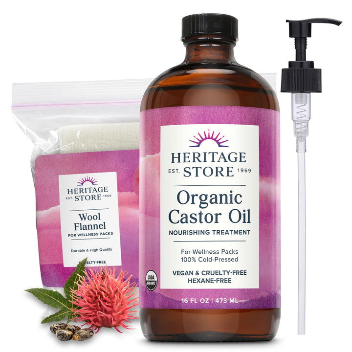 HERITAGE STORE Organic Castor Oil - Glass Bottle - Nourishing Treatment for Hair and Skin - Eyelash Serum for Eyelashes, Brows, Castor Oil Packs - Cold Pressed, Hexane Free, Vegan 16oz Halalzen