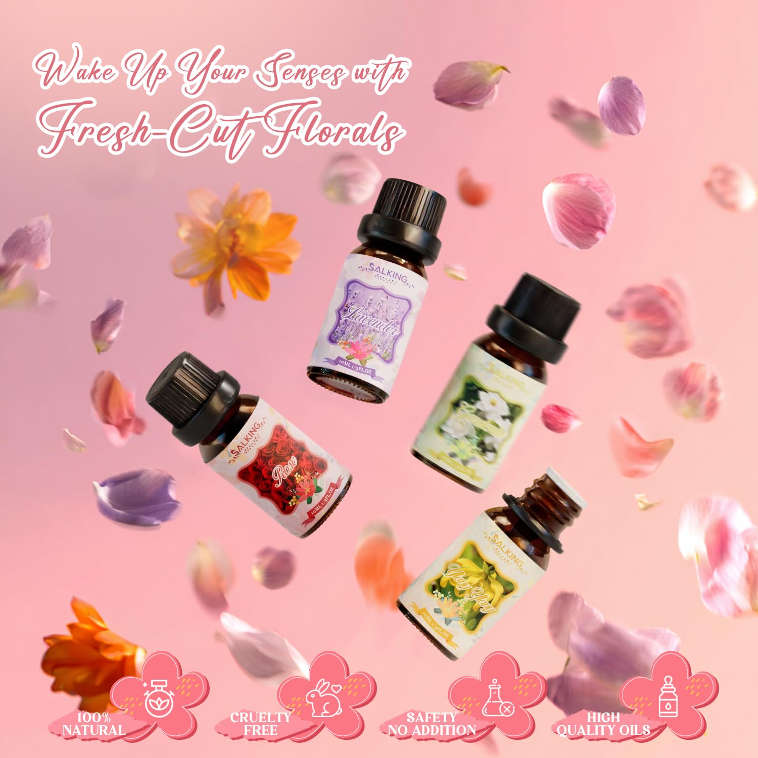 SALKING Essential Oils Set, 100% Pure Fragrance Oil AromatherapyGift, Premium Scented Oils for Diffusers 6 x 10 ML - Lavender, Rose, Jasmine, Cherry Blossom, Gardenia, Chamomile, Pink