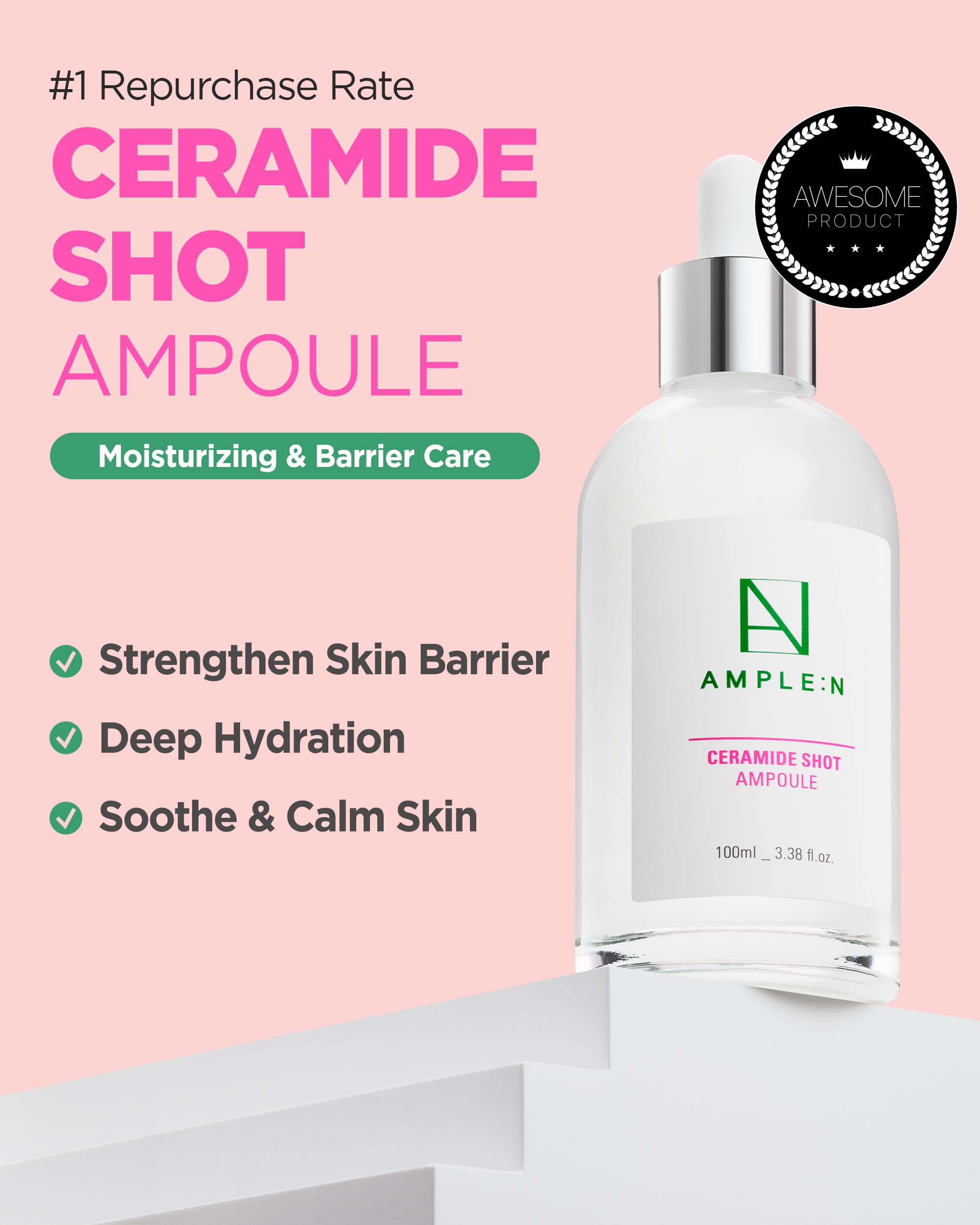 CORÉANA AMPLE:N Ceramide Shot Ampoule 3.38 fl. oz. (100ml) - Highly Concentrated Ultimate Hydrating Facial Serum for Dry and Rough Skin, Moisture-Locking, Reduced Wrinkles