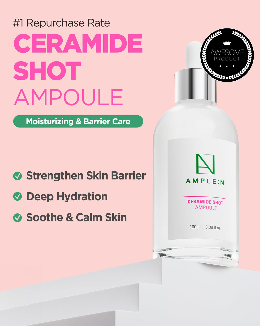 CORÉANA AMPLE:N Ceramide Shot Ampoule 3.38 fl. oz. (100ml) - Highly Concentrated Ultimate Hydrating Facial Serum for Dry and Rough Skin, Moisture-Locking, Reduced Wrinkles
