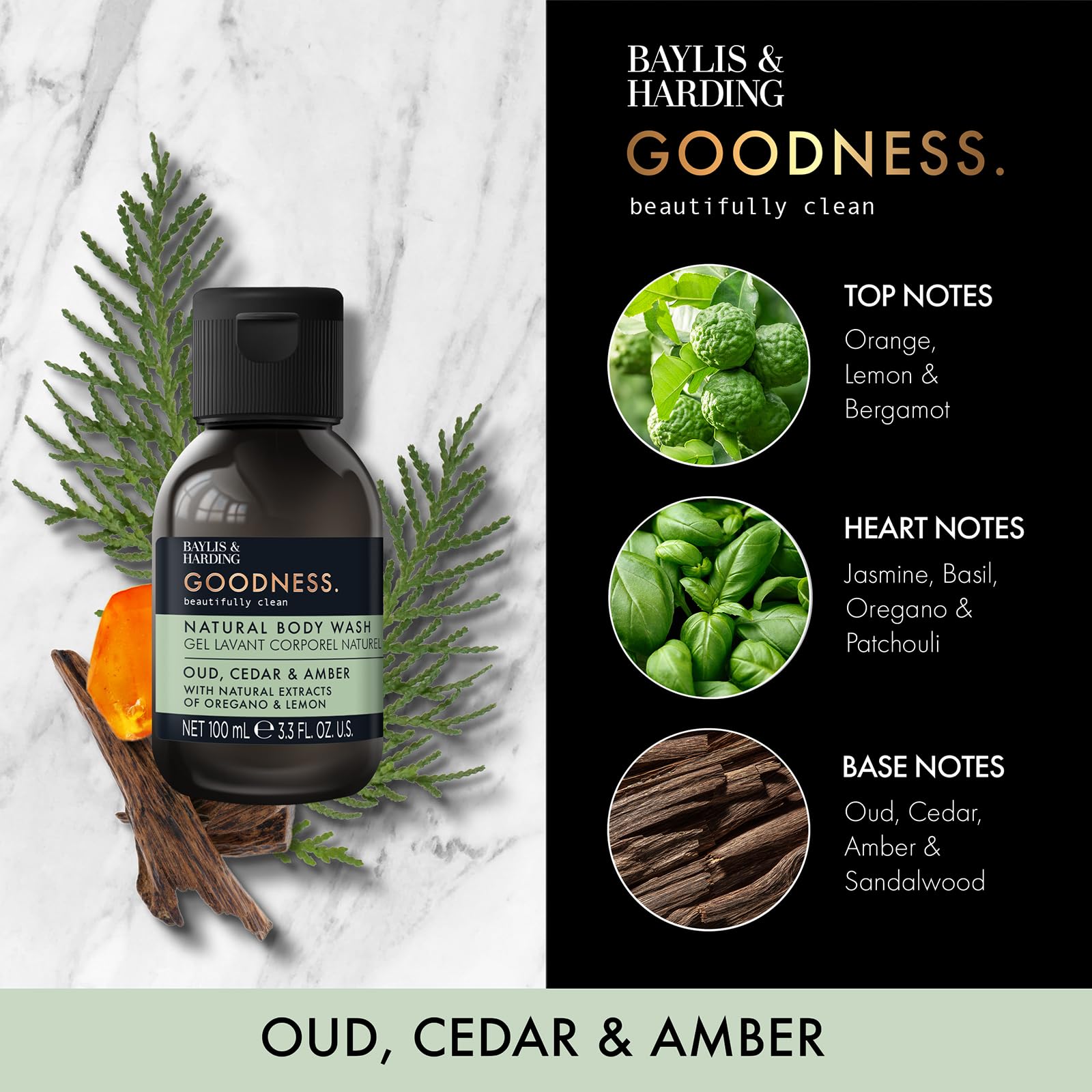 Baylis & Harding Goodness Oud, Cedar and Amber Body Wash, 500 ml (Pack of 3) - Vegan Friendly