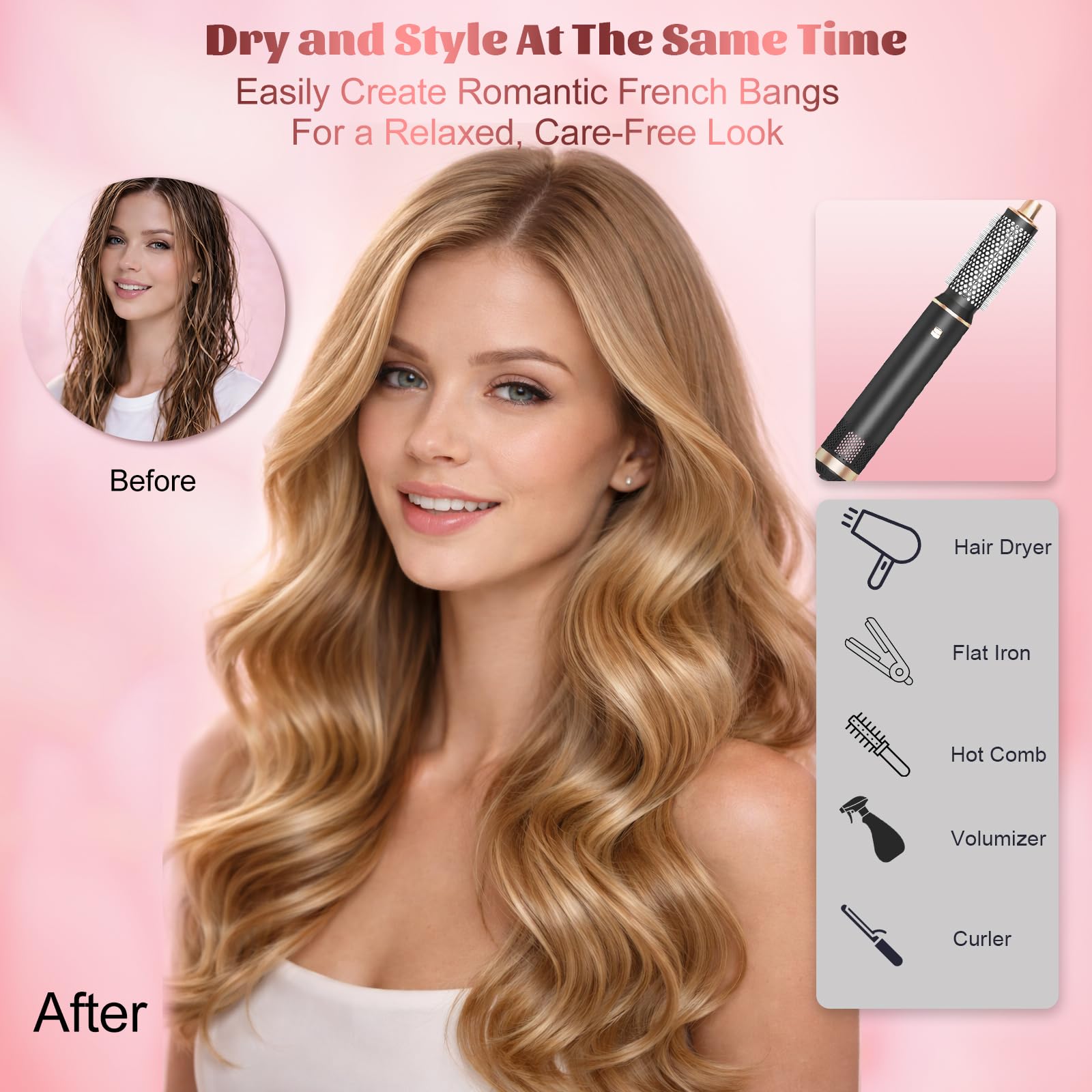 5 in 1 Hair Styler for Woman, Air Curling Wrap, Drying, Curling, Straightening & Volumizing, Hot Air Curler Dryer Brush Tool Set, Curl Styling Tools - Blush Halalzen