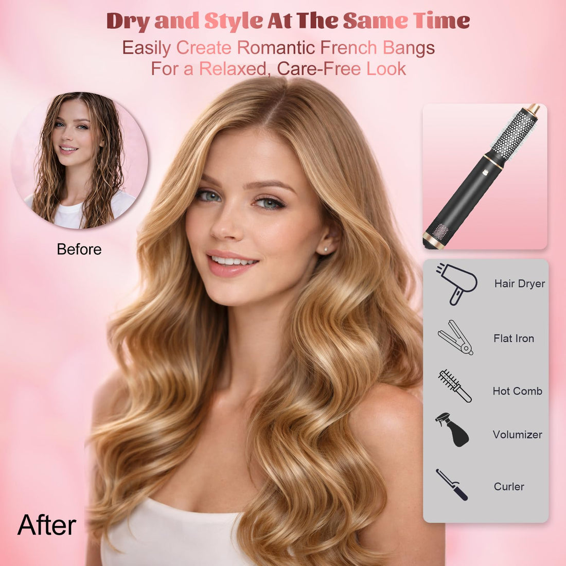 5 in 1 Hair Styler for Woman, Air Curling Wrap, Drying, Curling, Straightening & Volumizing, Hot Air Curler Dryer Brush Tool Set, Curl Styling Tools - Blush Halalzen