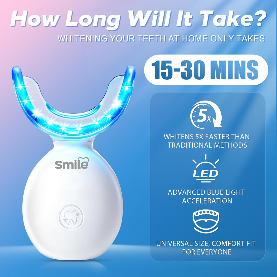 Teeth Whitening Kit with LED Light + 5 Tooth Whitening Gel - Gentle Whitening on Sensitive Teeth - Fast Removes Stubborn Stains - Professional Tooth Whitener for Home - Wireless & Water-Resistant