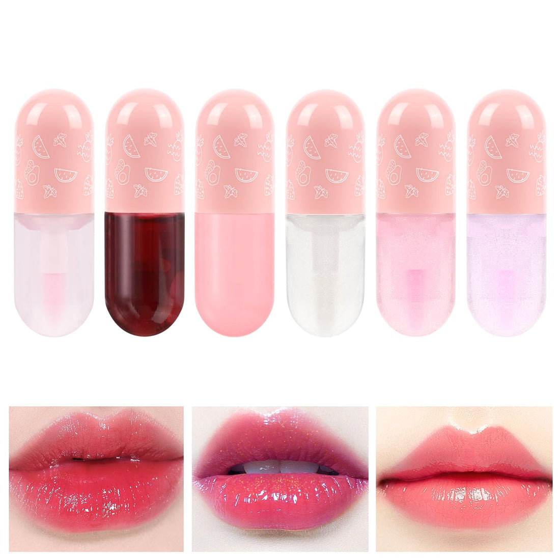 AOOWU 6 Pcs Hydrating Lip Oil Set, Fruit-Flavored Plumping Lip Oil, Long Lasting Lip Glow Balm Lip Care, Transparent Moisturizing No-Sticky Lip Gloss(Peaches,Orange,Avocado,Strawberry,Grape,Cherry)8ML