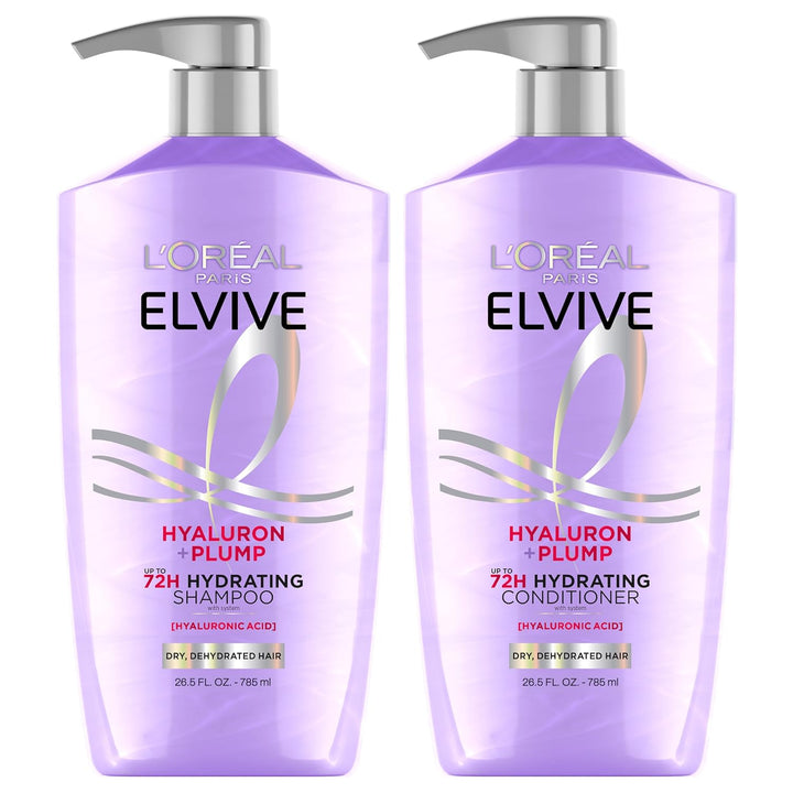 L'Oreal Paris Elvive Hyaluron Plump Shampoo and Conditioner Set for Dehydrated, Dry Hair with Hyaluronic Acid Care Complex, 1 Kit (2 Products) Halalzen