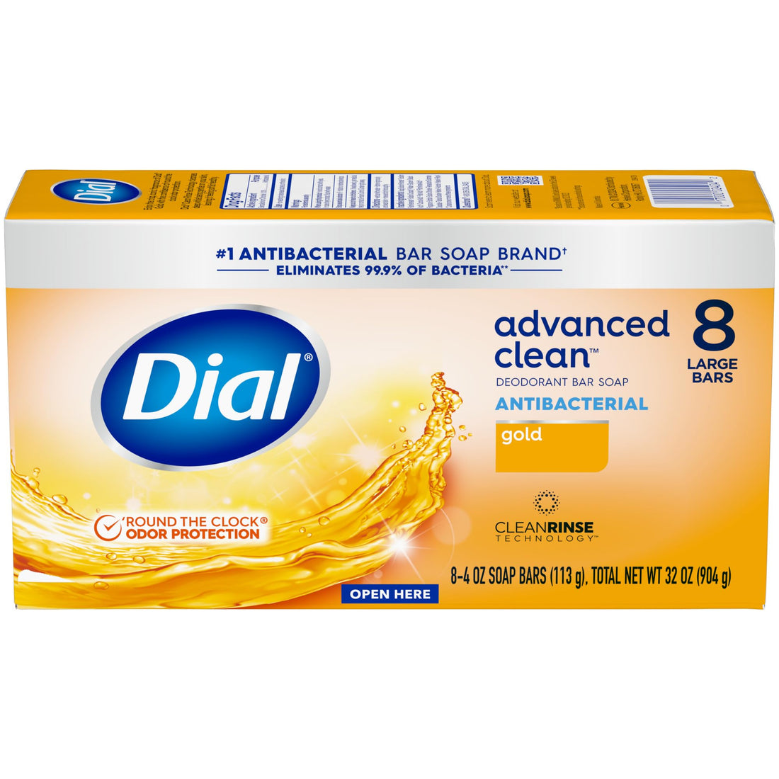 Dial Antibacterial Deodorant Bar Soap, Advanced Clean Gold, 4 Oz, 32 Bars, Round the Clock Odor Protection, Dermatologist Tested, With Clean Rinse Technology