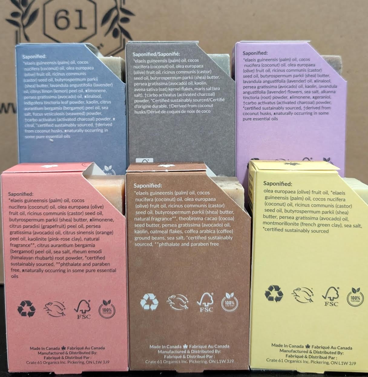Crate 61 Organics, Handmade in Canada, Plant Based Cold Process Natural Bar Soap, With Premium Essential Oils, Dry Skin, Pack of 6 (For Him)