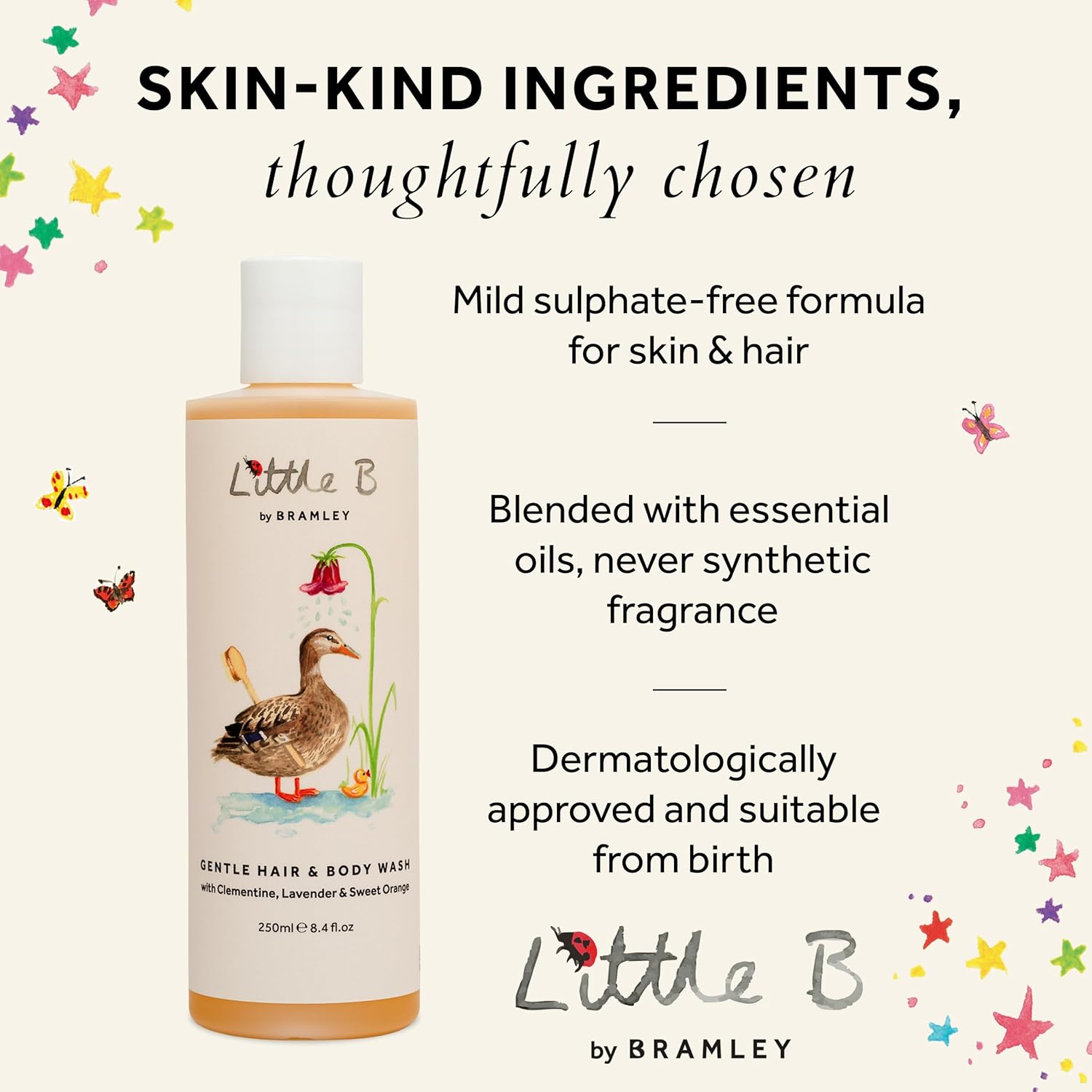 Bramley Little B Hair & Body Wash 250ml, Sulphate-Free Baby & Child Wash with Clementine, Sweet Orange & Lavender, Gentle Biodegradable Bath Wash Suitable from Birth