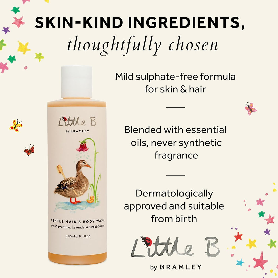 Bramley Little B Hair & Body Wash 250ml, Sulphate-Free Baby & Child Wash with Clementine, Sweet Orange & Lavender, Gentle Biodegradable Bath Wash Suitable from Birth