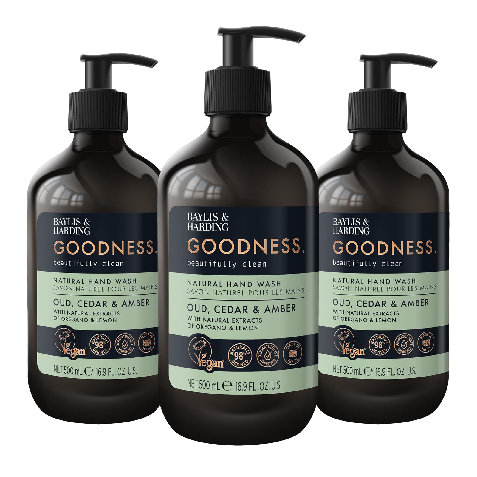 Baylis & Harding Goodness Oud, Cedar and Amber Body Wash, 500 ml (Pack of 3) - Vegan Friendly
