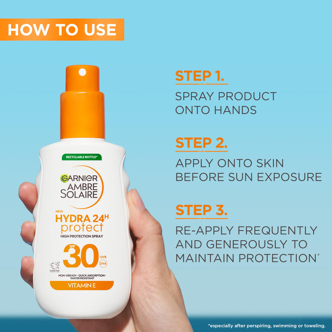 Garnier Ambre Solaire Sun Cream SPF 30 Hydra 24 Hour Protect High Protection UVB & UVA Hydrating Sun Lotion, Enriched with Vitamin E, Water Resistant, Non-Greasy, Fast Absorbing 150ml