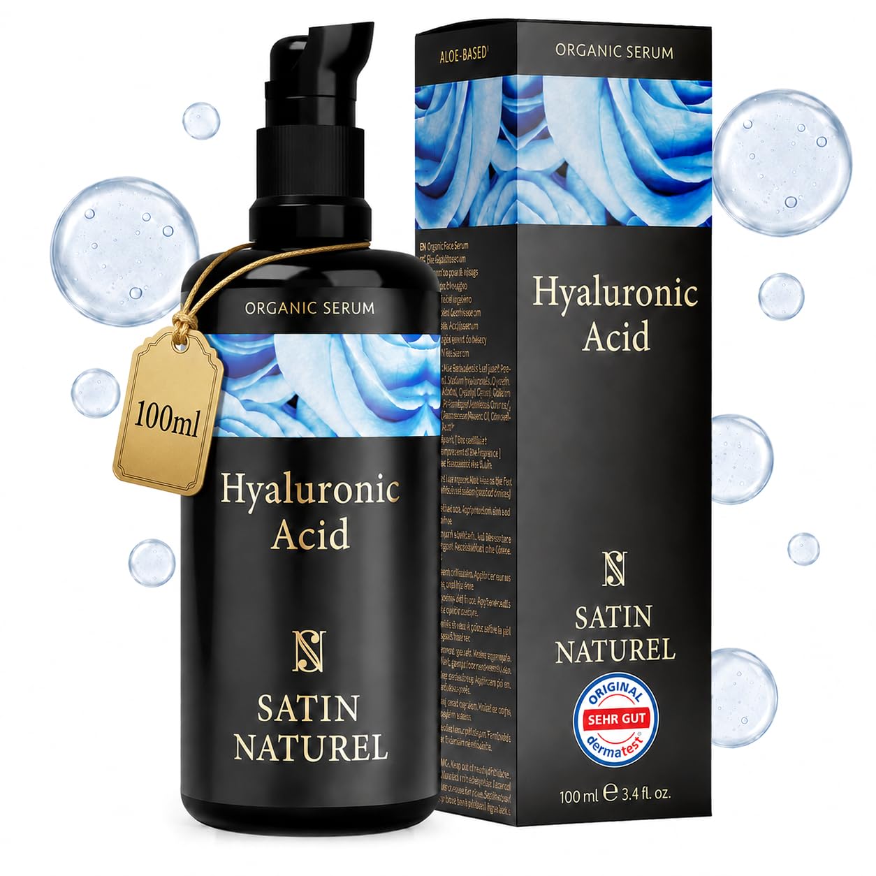 Satin Naturel High-Dose Hyaluronic Serum 100 ml – Organic Hyaluronic Acid Facial Serum – Anti-Aging Moisturizing Serum – Vegan – 24h Hydration – Facial Care for Women and Men