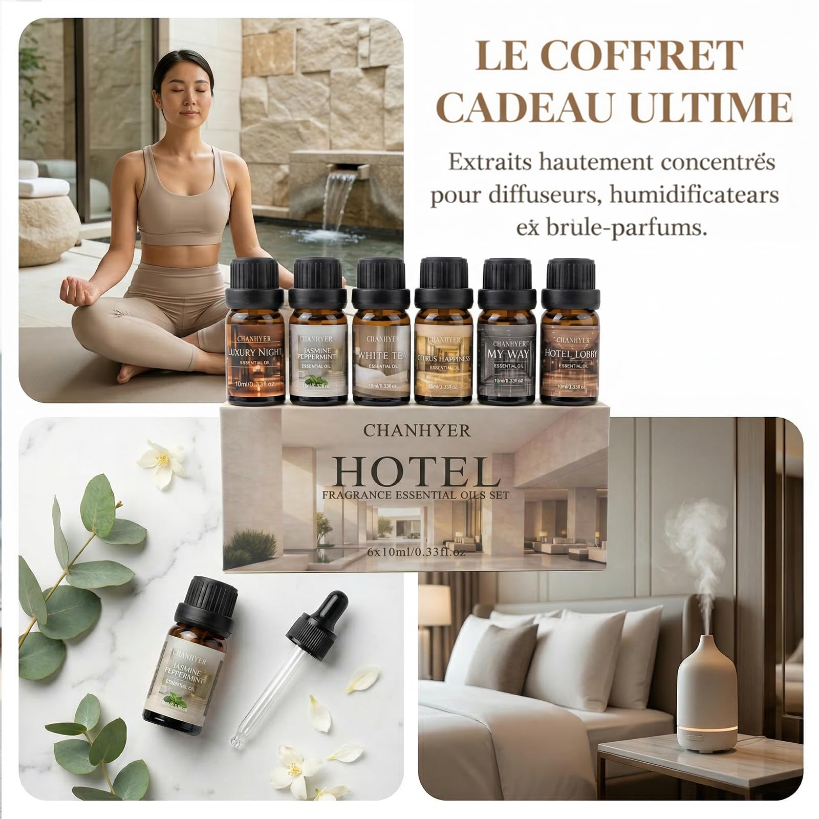 Hotel Collection Essential Oils for Diffusers for Home - 6 x 10 ml Luxury Scented Oil Set with Luxury Night,Jasmine Peppermint,White Tea,Citrus Happiness,My Way,Hotel Lobby,Gift for Women and Men