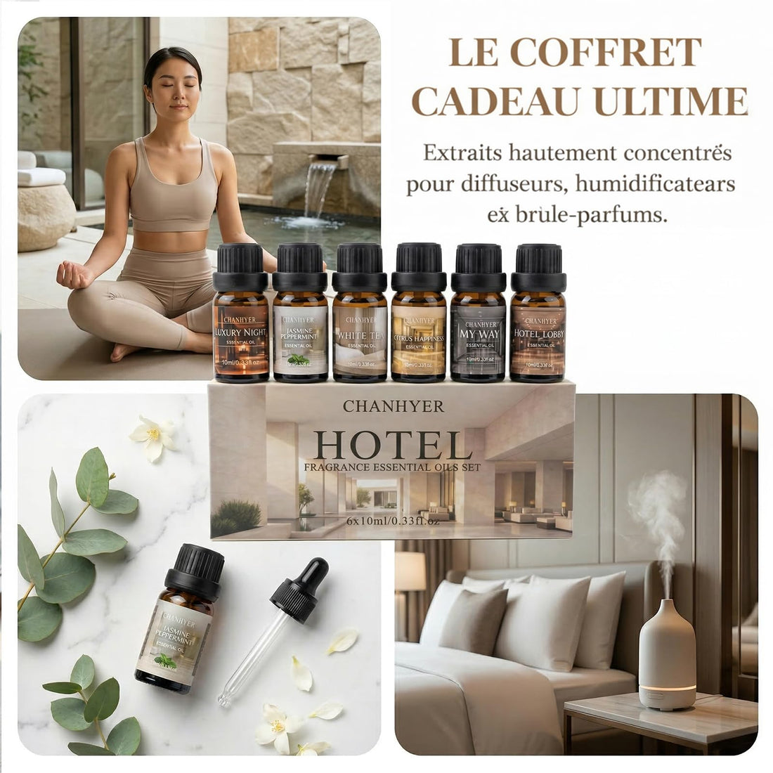 Hotel Collection Essential Oils for Diffusers for Home - 6 x 10 ml Luxury Scented Oil Set with Luxury Night,Jasmine Peppermint,White Tea,Citrus Happiness,My Way,Hotel Lobby,Gift for Women and Men