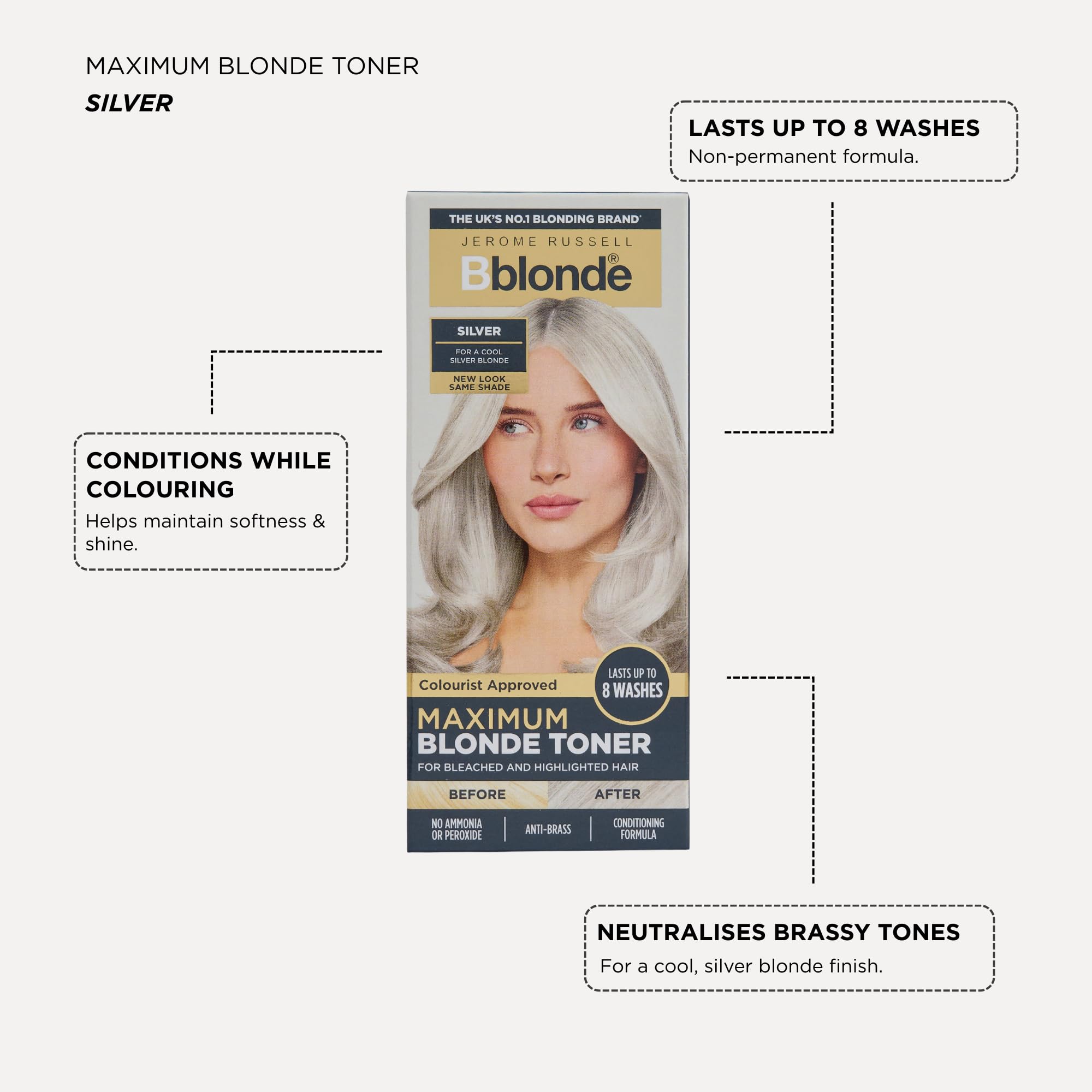 Jerome Russell Bblonde SILVER Hair Toner | Non-Permanent Violet Toner | Neutralises Yellow & Brassy Tones | Salon-Quality Cool Blonde Results | Vegan | 75ml