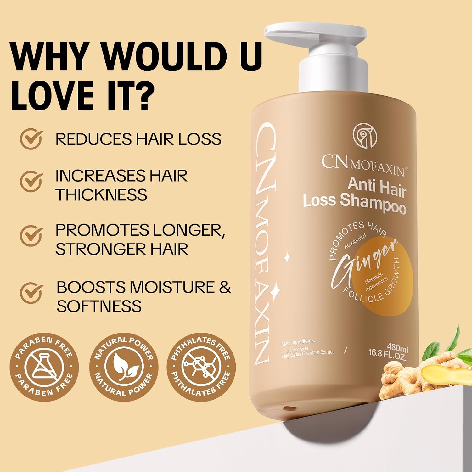 Anti Hair Loss Shampoo 480ml - Ginger Hair Growth & Castor Oil Strengthening Formula - Volumising Treatment with Rose Oil for Men & Women - Nourishes, Repairs & Thickens
