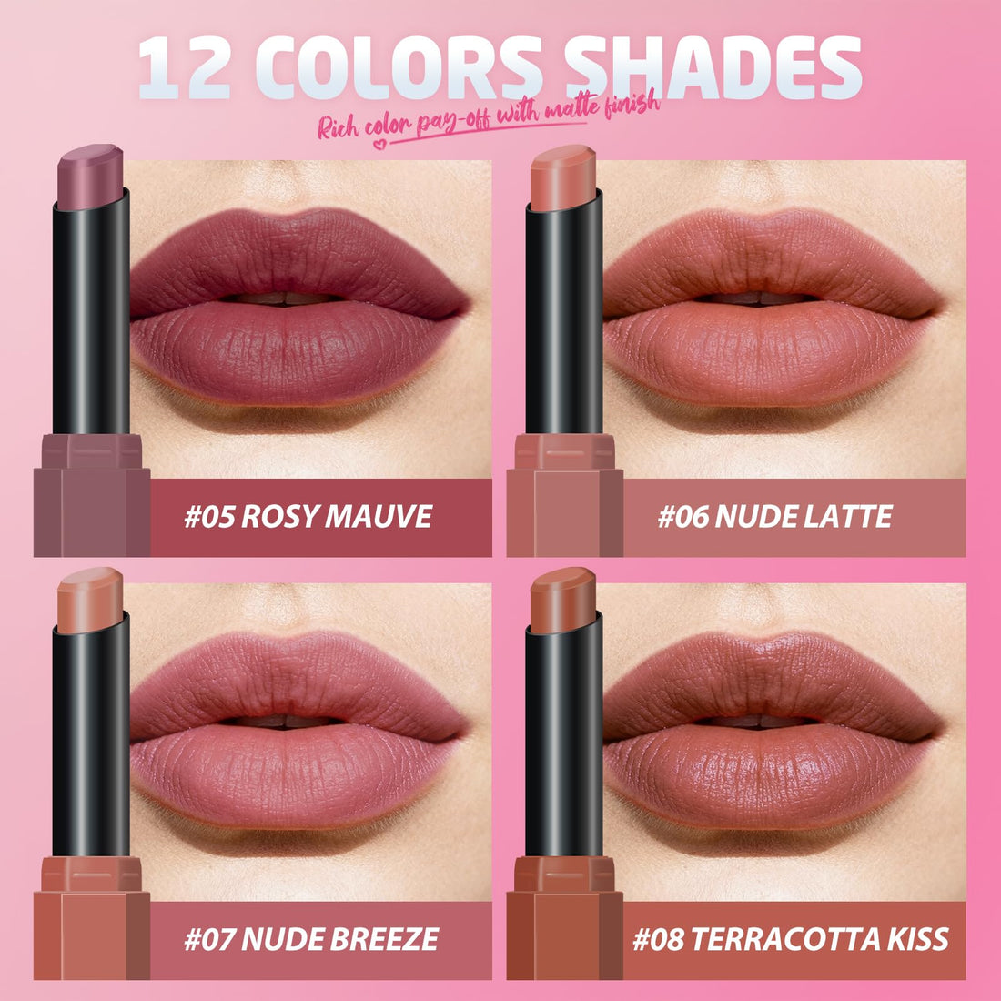 12Pcs Velvet Matte Lipstick Nude Matte Soft Dark Color Stick High Pigmented Long-Lasting Waterproof Lip Stick Lip Balm Beauty Cosmetics Gift for Women(01#-12#)
