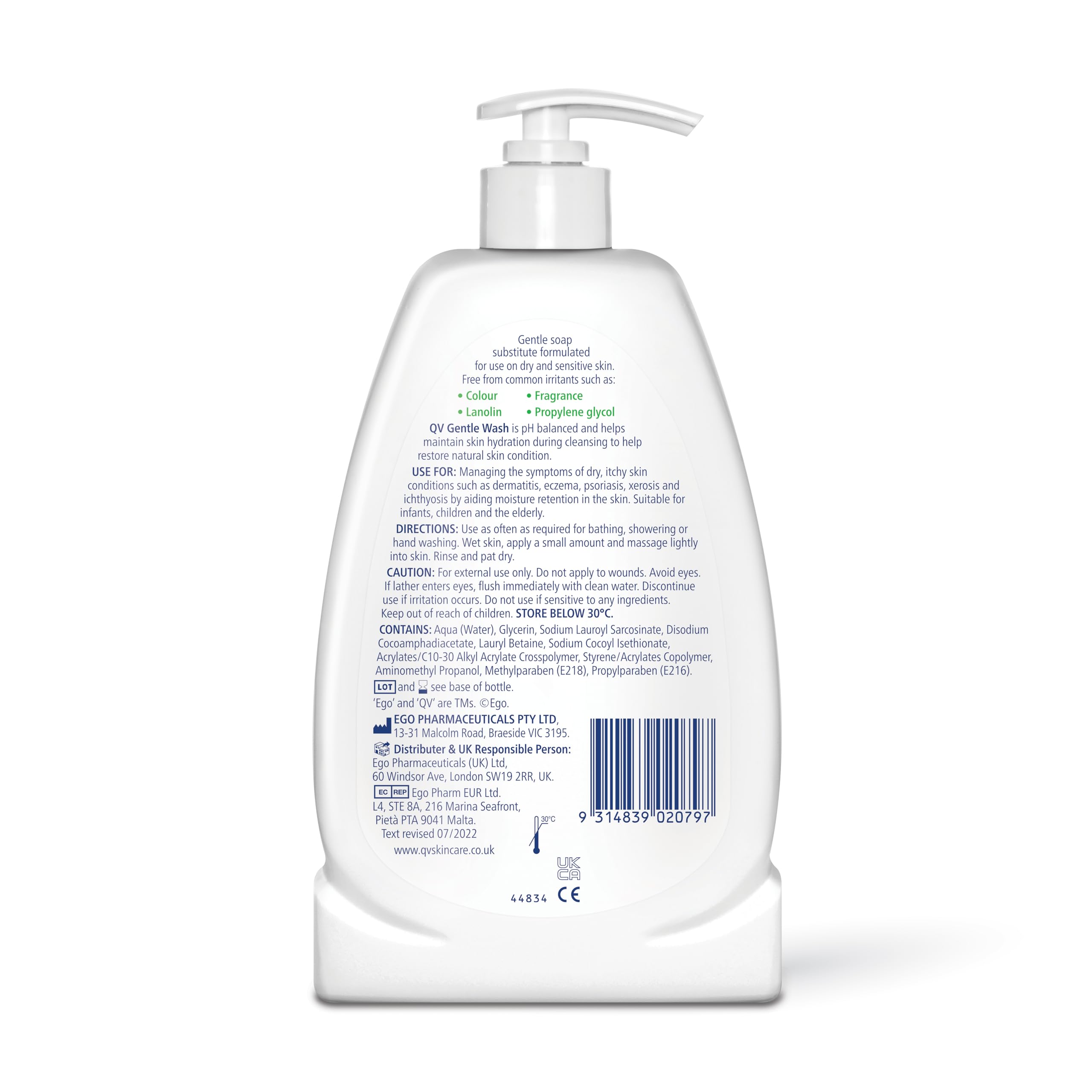 QV Gentle Wash (500g) for Dry, Sensitive Skin, pH Balanced, Unscented, Soap Free, Moisturising Soap alternative that lathers for Dry Skin Eczema, Psoriasis, Dermatitis for whole body