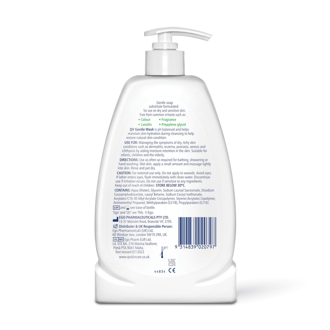 QV Gentle Wash (500g) for Dry, Sensitive Skin, pH Balanced, Unscented, Soap Free, Moisturising Soap alternative that lathers for Dry Skin Eczema, Psoriasis, Dermatitis for whole body
