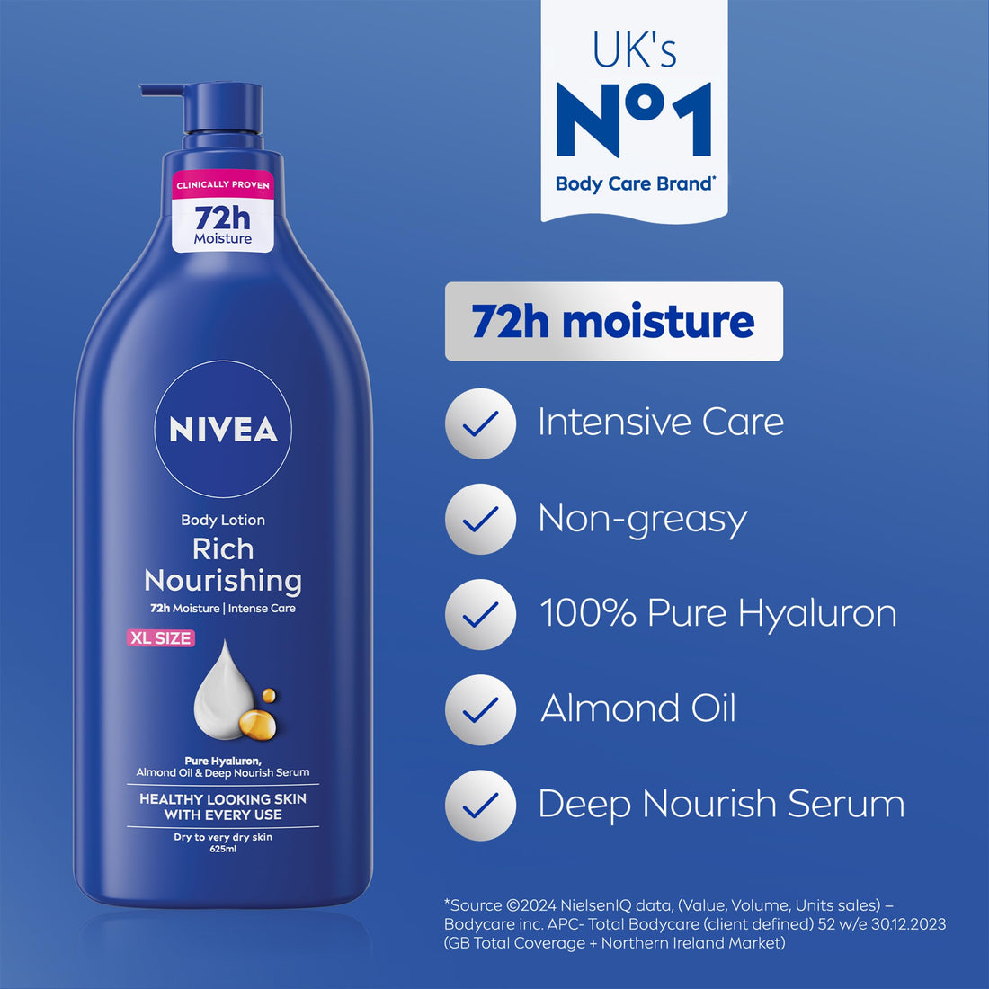 NIVEA Rich Nourishing Body Lotion (625ml), Rich 72H Hydration Moisturiser for Dry Skin Made with Deep Moisture Serum and Almond Oil, Extra Large NIVEA Body Lotion