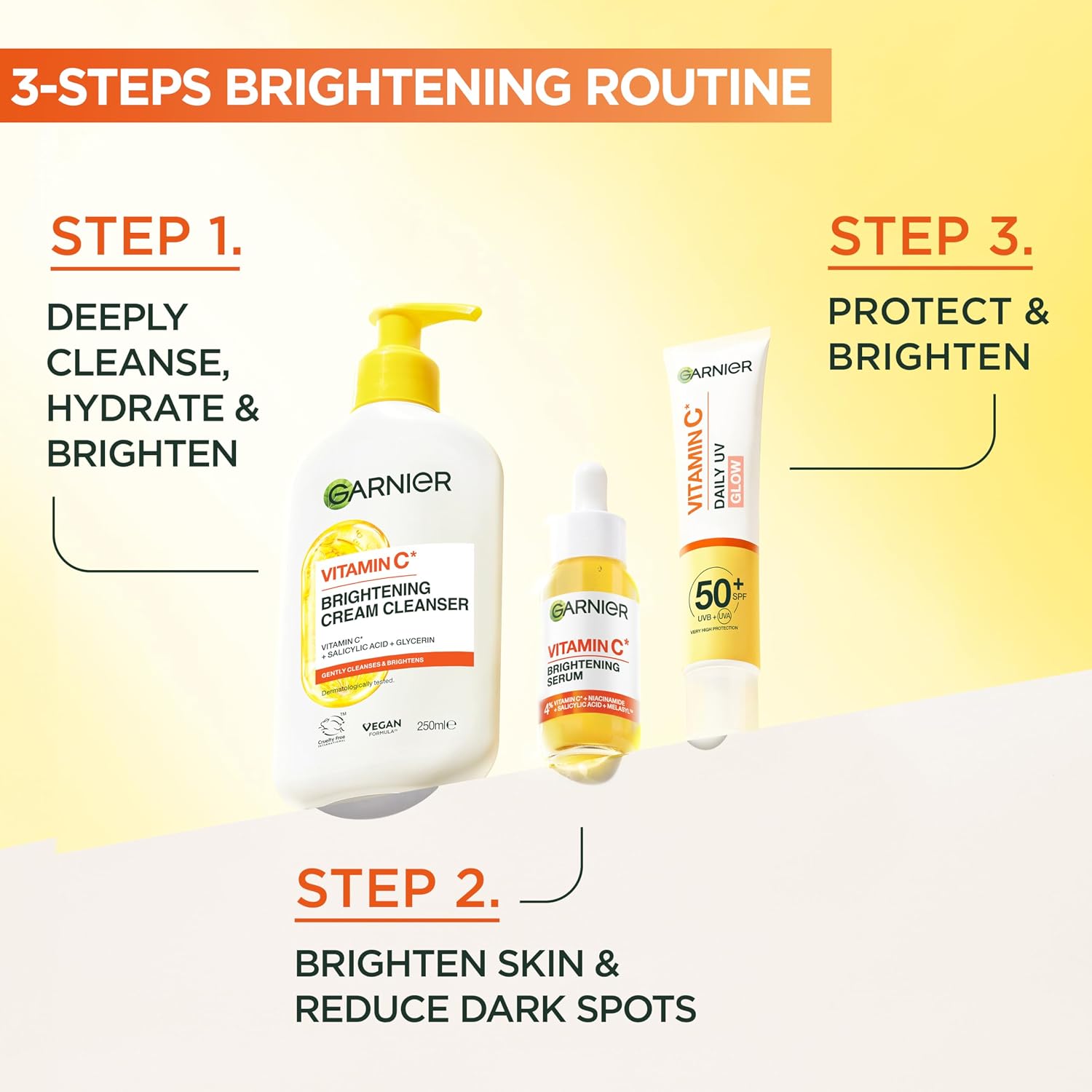 Garnier Vitamin C Brightening Cream Cleanser, Removes Make-up and Impurities, Hydrates and Brightens for Even Glowing Skin, for Dull and Uneven Skin, Dermatologically Tested, Cruelty free, 250ml