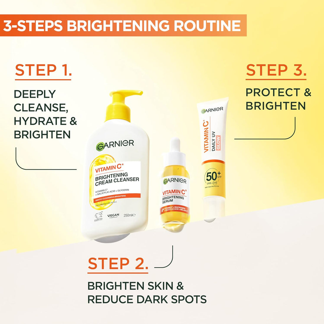Garnier Vitamin C Brightening Cream Cleanser, Removes Make-up and Impurities, Hydrates and Brightens for Even Glowing Skin, for Dull and Uneven Skin, Dermatologically Tested, Cruelty free, 250ml