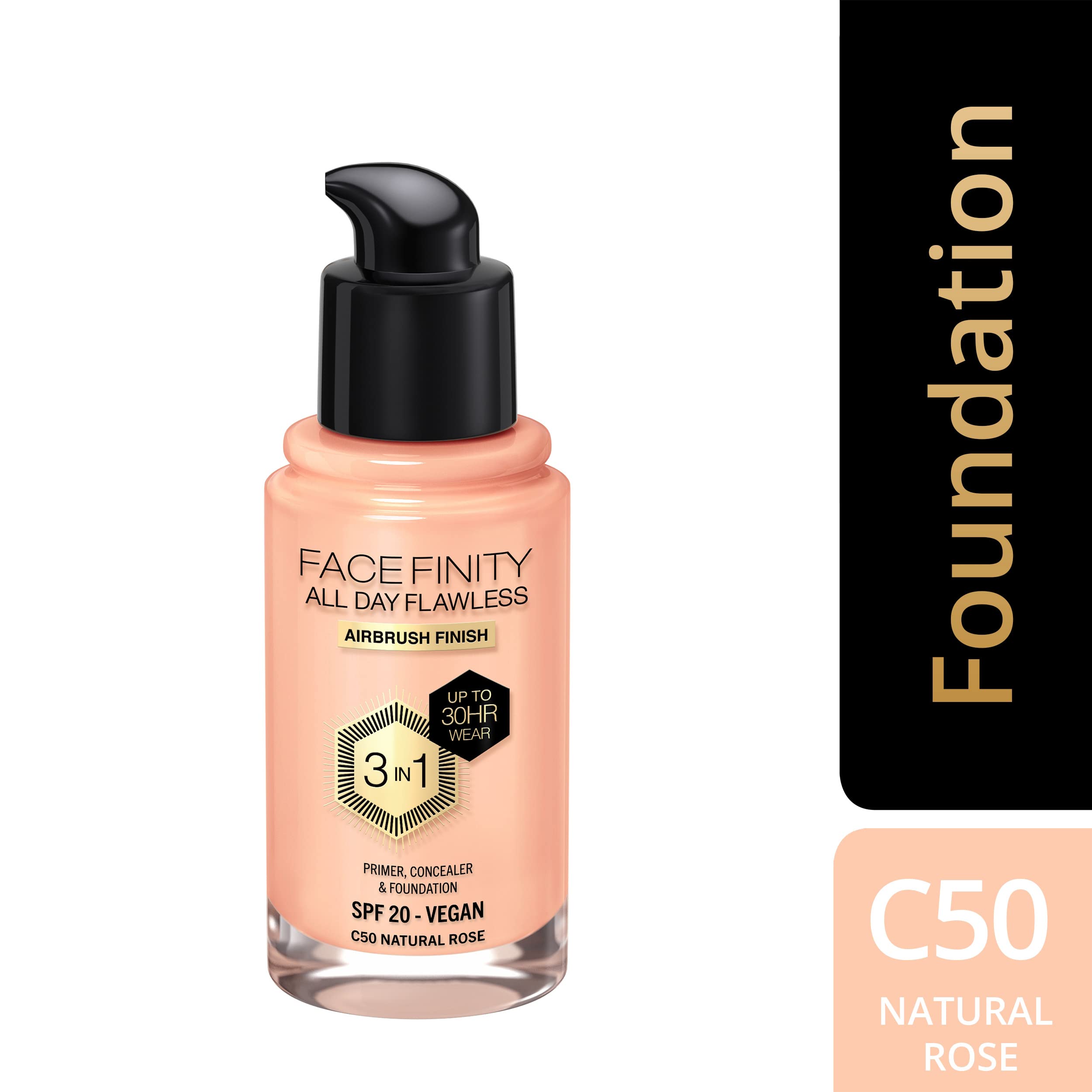 MAX FACTOR - Facefinity All Day Flawless Foundation - 3-in-1 Concealer, Liquid Foundation & Face Primer - Up To 30hr Wear - Flawless Airbrush Finish, SPF 20, Vegan - C50 Natural Rose - 30ml Halalzen