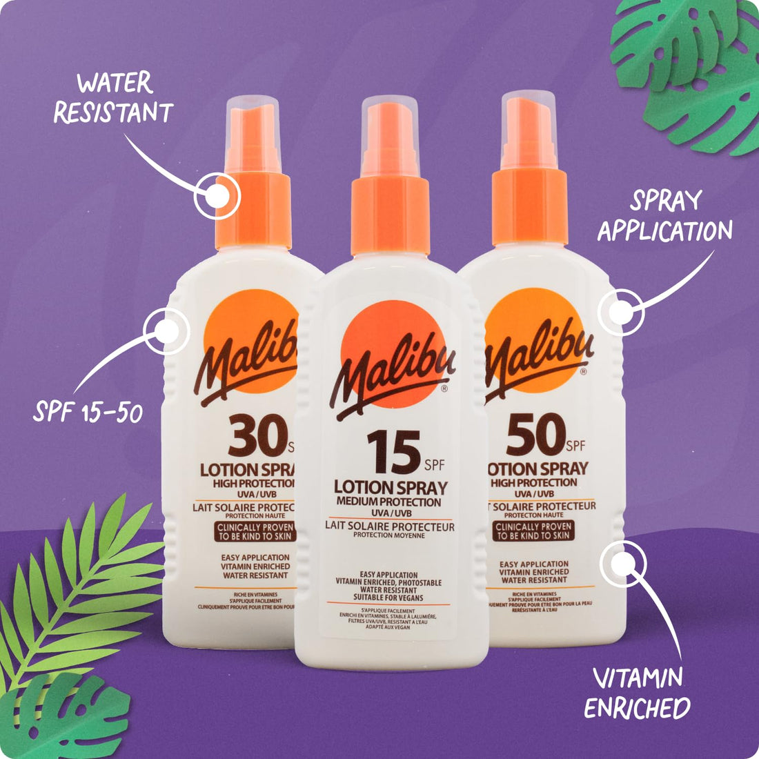 Malibu Sun SPF 30 Lotion Spray, High Protection Sun Cream Spray, Vitamin Enriched Moisturising Sunscreen Lotion for Body, Water Resistant, 200ml