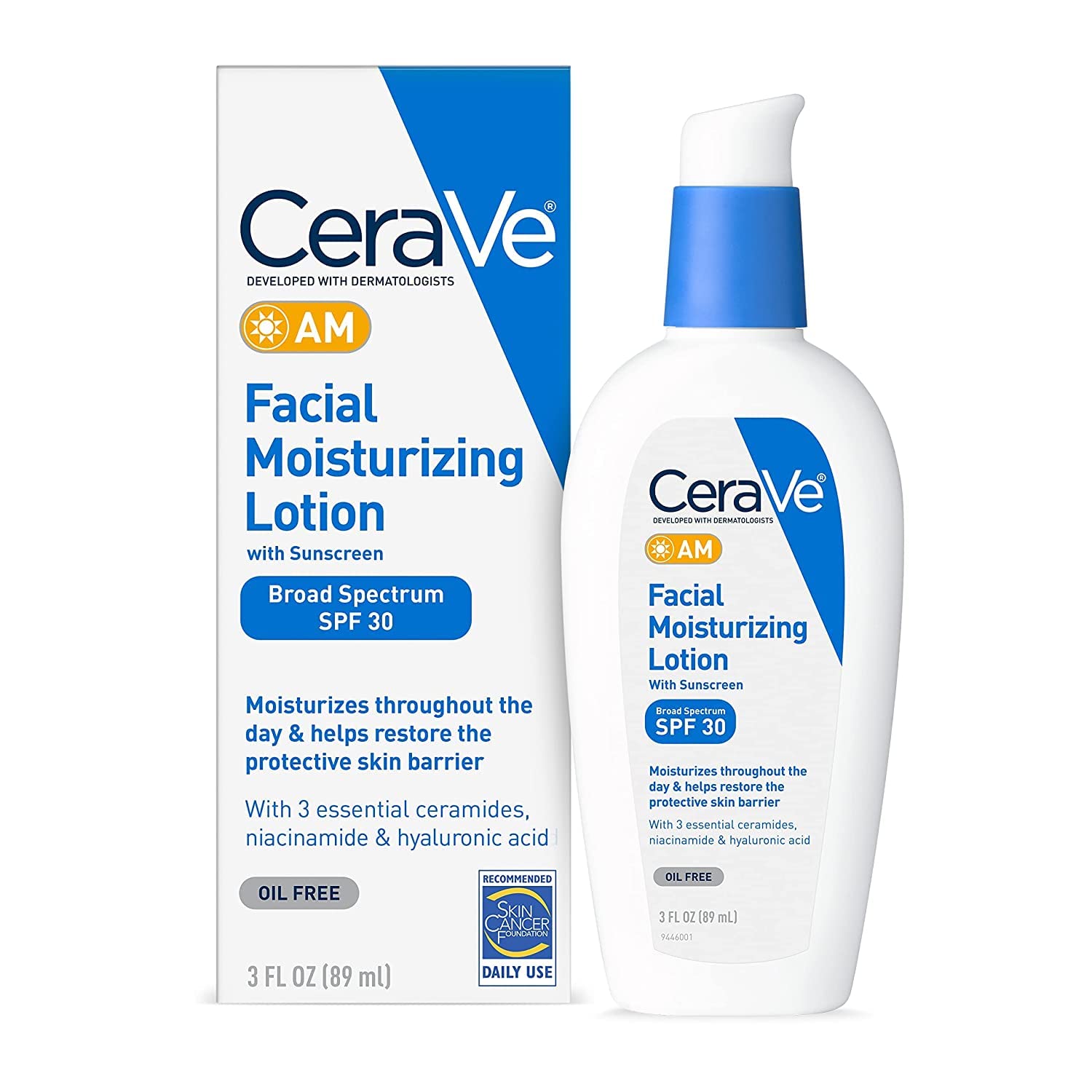 CeraVe AM Facial Moisturizing Lotion with SPF 30, Oil-Free Face Moisturizer with SPF, Formulated with Hyaluronic Acid, Niacinamide & Ceramides, Non-Comedogenic, Broad Spectrum Sunscreen, 3 Ounce Halalzen