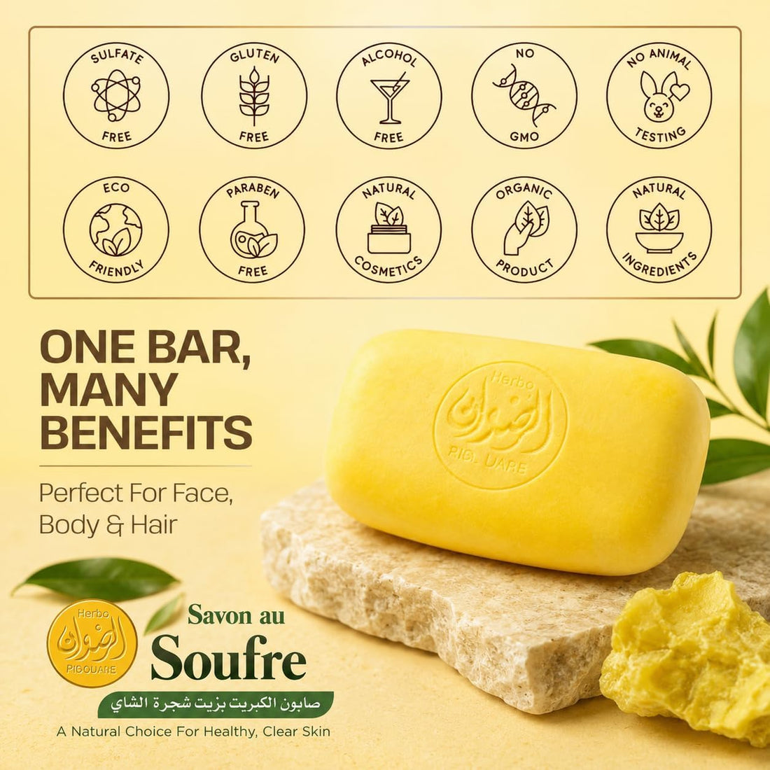 Sulphur Soap Anti-Acne Bar – Antibacterial & Antifungal Soap for Face and Body – Helps Reduce Acne, Oily Skin & Blemishes – Deep Cleansing Sulphur Soap 100g Halalzen