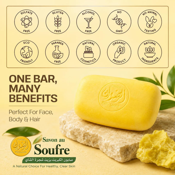 Sulphur Soap Anti-Acne Bar – Antibacterial & Antifungal Soap for Face and Body – Helps Reduce Acne, Oily Skin & Blemishes – Deep Cleansing Sulphur Soap 100g Halalzen