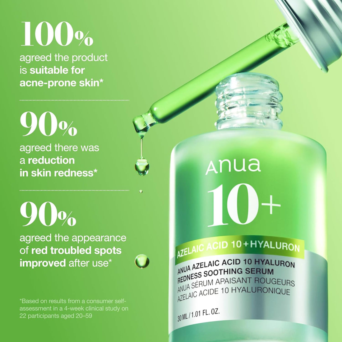 Anua Azelaic Acid 10 Hyaluron Redness Soothing Serum, Facial Serum for Blemish-Prone & Oily-Prone Skin, Lightweight & Hydrating Blemish Care, Hyaluronic Acid, Korean Skincare, 1.01 fl oz. Halalzen