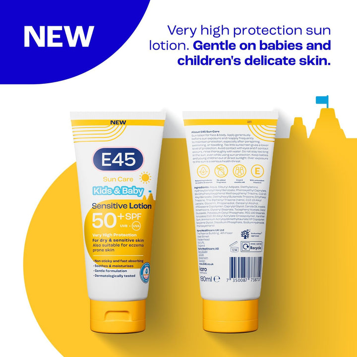 E45 Kids & Baby Sun Lotion for Sensitive Skin SPF 50+. Face & Body Gentle Sun Cream with UVA & UVB Protection with Avocado Oil. For Dry Sensitive Skin and Eczema Prone Skin -180 ml Halalzen