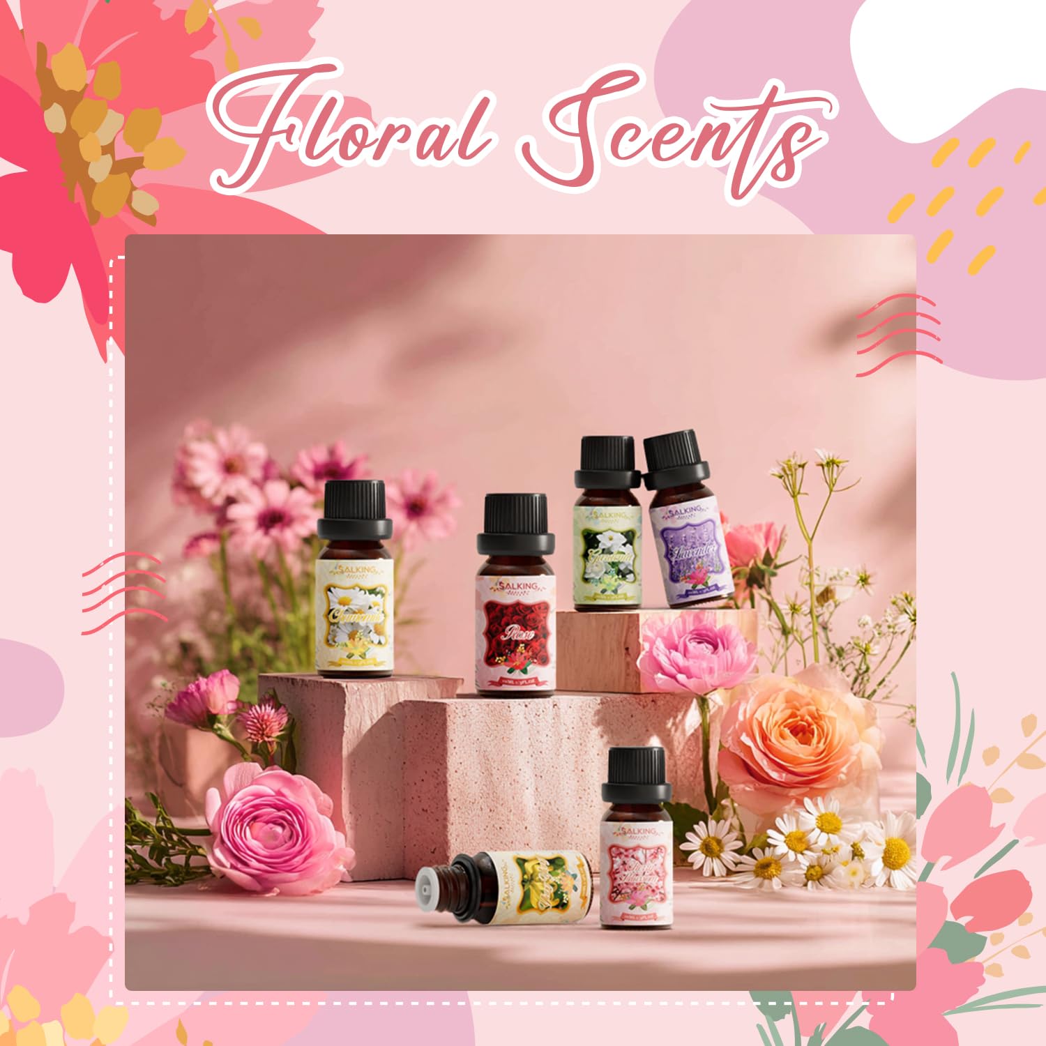 SALKING Essential Oils Set, 100% Pure Fragrance Oil AromatherapyGift, Premium Scented Oils for Diffusers 6 x 10 ML - Lavender, Rose, Jasmine, Cherry Blossom, Gardenia, Chamomile, Pink