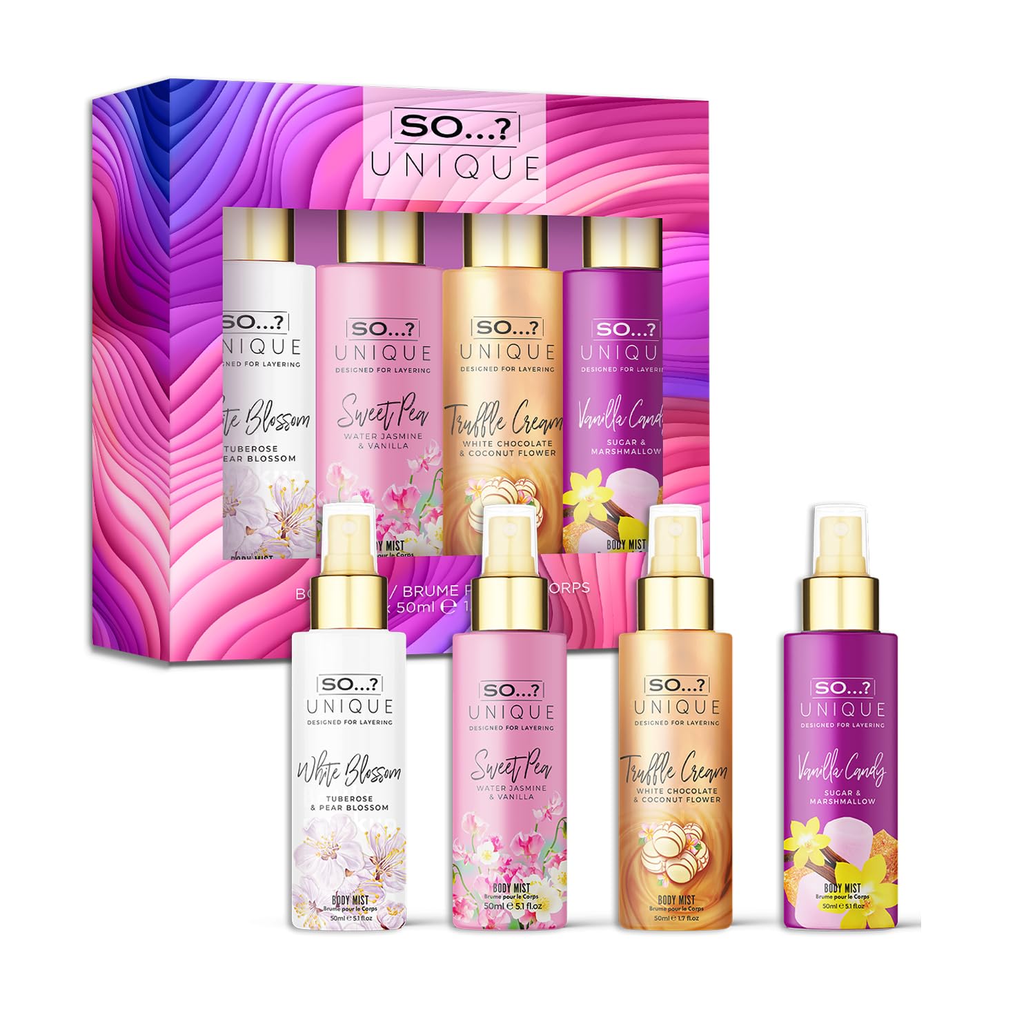 So…? Unique Mini Mist Womens Gift Set with Vanilla Candy, Sweet Pea, Truffle Cream, & Cashmere, Body Mist Fragrance Spray Set (4 x 50ml.) Halalzen